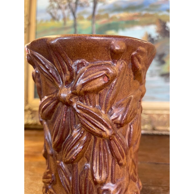 Vintage Red Wing Pottery Brown Glazed Floral Relief Vase For Sale In Seattle - Image 6 of 10