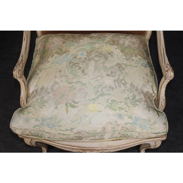 Pair Louis XV Style French Cream Distressed Painted Cane Back Armchairs For Sale - Image 11 of 16