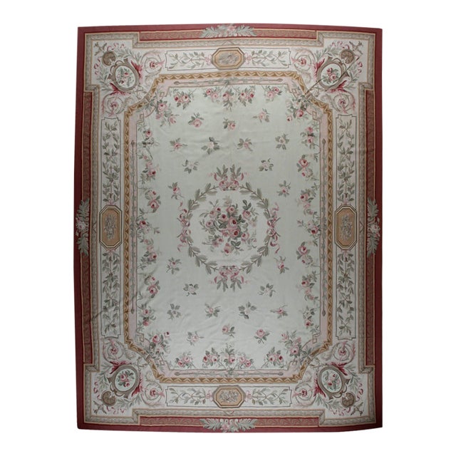 12x16 Vintage Aubusson Flat Weave Wool Rug, Louis Philippe Rose Wreath For Sale