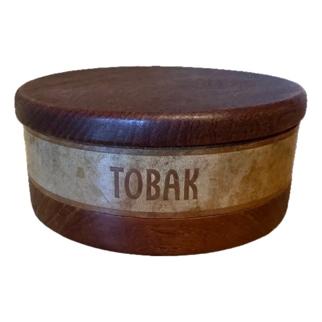 Mid 20th Century Scandinavian Mid-Century “Tobak” Hand-Turned Wooden Tobacco Jar With Leather Band For Sale