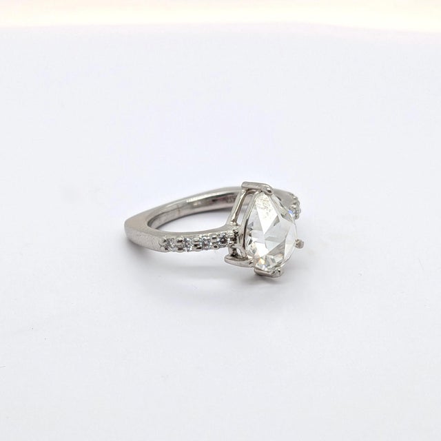 Platinum Pear Shaped Rose-Cut Diamond Ring With European Shank - Size ~3.5 For Sale - Image 9 of 9