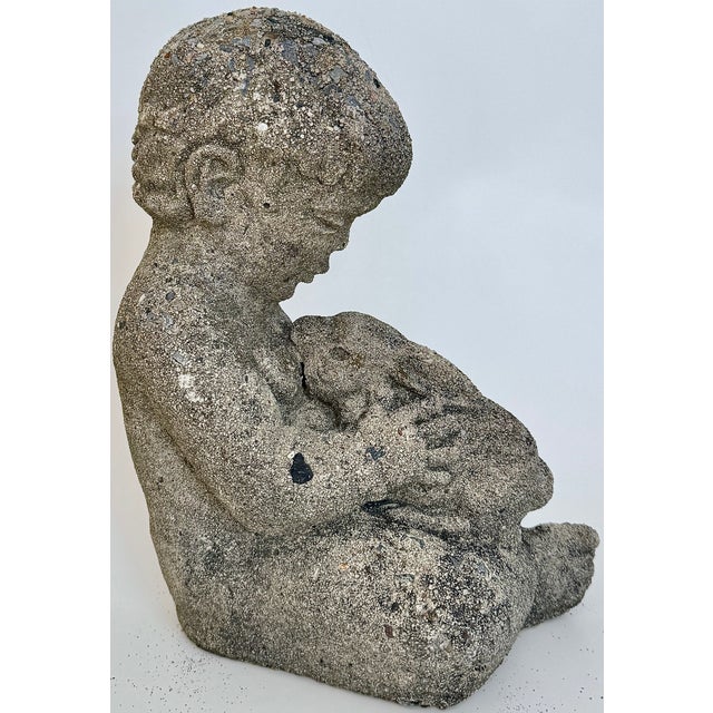 Figurative Reconstituted Garden Ornament Stone Boy Holding Rabbit, 20th Century For Sale - Image 3 of 8