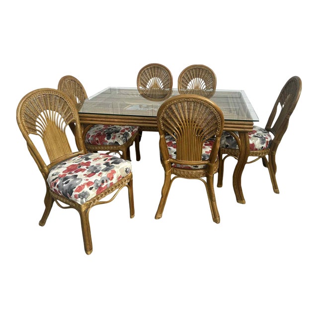 Vintage Wicker & Rattan Dining Set With Glass Top Table and 6 Upholstered Cane Chairs For Sale