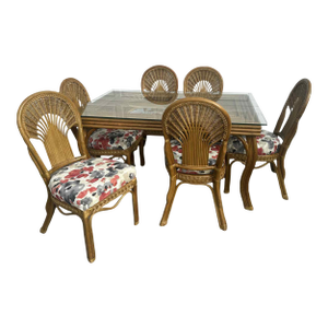 Vintage Wicker & Rattan Dining Set With Glass Top Table and 6 Upholstered Cane Chairs