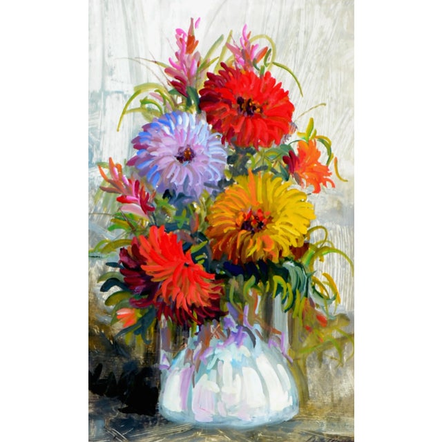 Mid Century Continental School impressionist still life oil on paper of a bouquet of Chrysanthemums by an unknown artist....