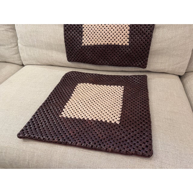 Rustic Williams-Sonoma Woven Leather Pillow Covers, Pair For Sale - Image 3 of 12