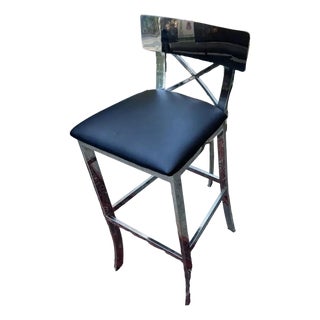 Single Vintage Black Leather and Chrome Bar Stool For Sale