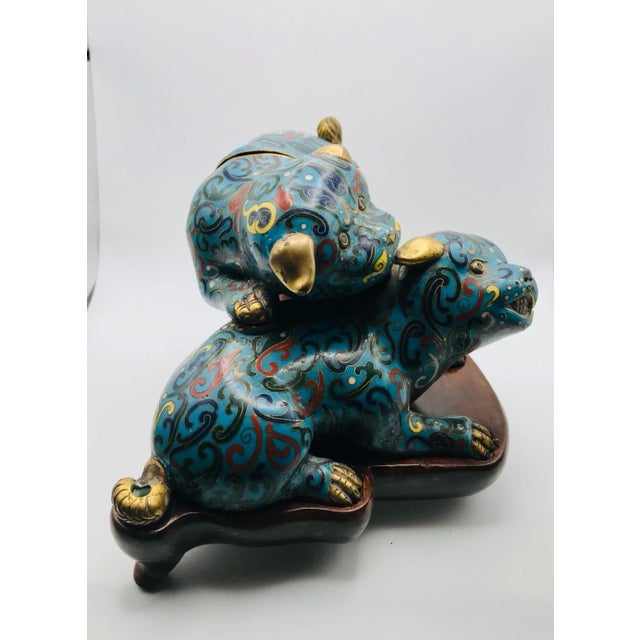 Mid 19th Century Playful Cloisonne Puppies on a Wood Stand From the Qing Dynasty For Sale - Image 9 of 12