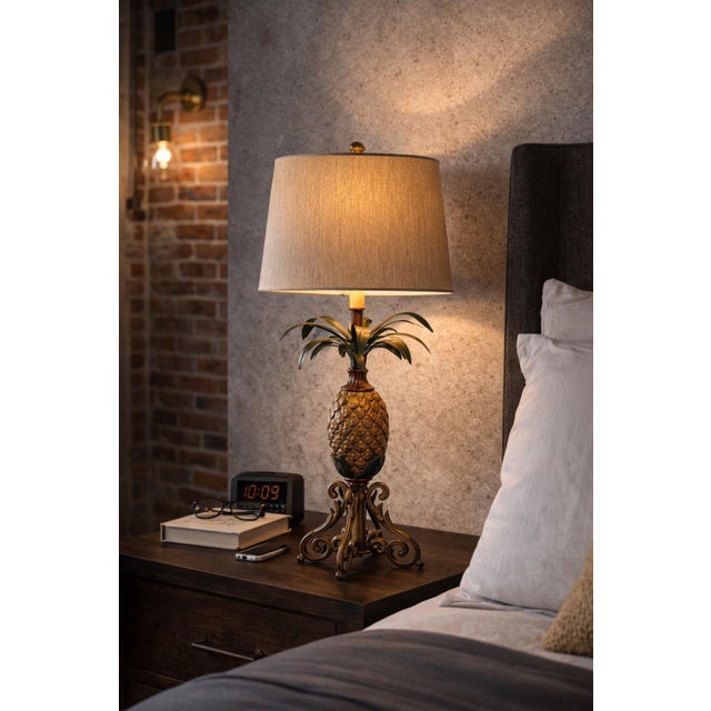 Late 20th Century Late 20th Century Solid Metal Pineapple Table Lamp With Scroll Base and Original Gray Shade For Sale - Image 5 of 12