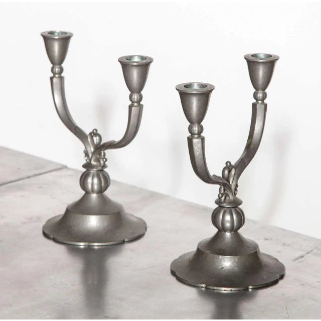 Silver Just Andersen Double Arm Crested Pewter Candlesticks - a Pair For Sale - Image 8 of 9