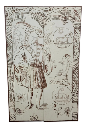 Two-Panel Screen Depicting a Historical Figure and Various Symbols, 1980s