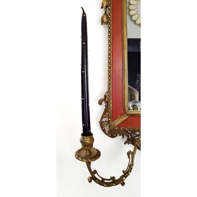 Beveled Wall Mirror With Candle Holders Faux Shagreen Red Porcelain & Brass Ormolu For Sale - Image 9 of 12