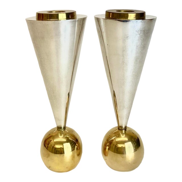 Geometric Postmodern Sterling Silver and Brass Plated Candle Holders - a Pair For Sale