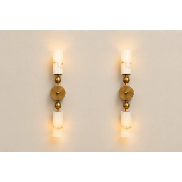Brass Double Wall Sconce With Natural Alabaster Shades, Contemporary Double Wall Sconce, Natural Stone Lighting for Bedroom & Hallway For Sale - Image 6 of 9