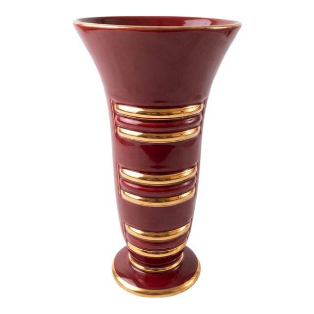 Red & Gold Art Deco Ceramic Vase, Blanche Letalle for Saint-Clement 1950s For Sale