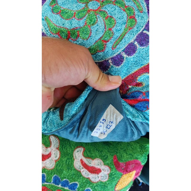 Early 21st Century 16"x16" Hand Embroidered Silk and Cotton Cushion Cover. Blue Toss Pillow Cover For Sale - Image 5 of 6