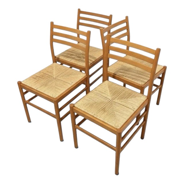 Mid-Century Italian Beech and Rush Ladderback Dining Chairs, Set of 4 For Sale
