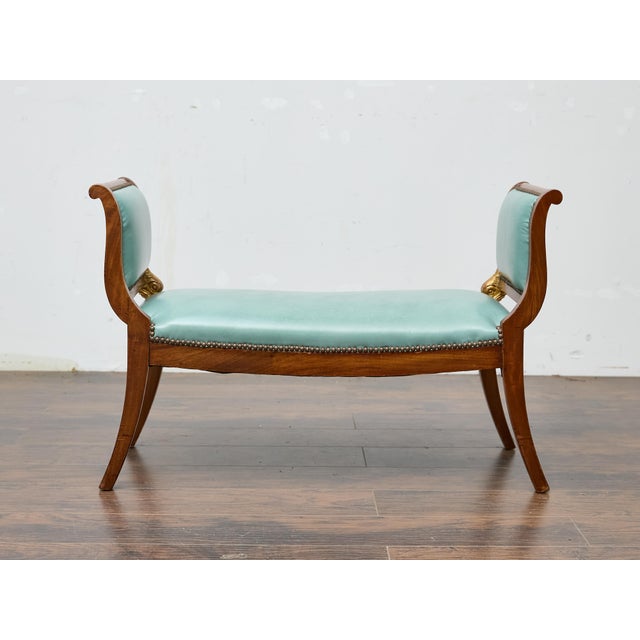 English Regency Mahogany Leather Bench with Gilt Dolphin Armrests For Sale - Image 11 of 12