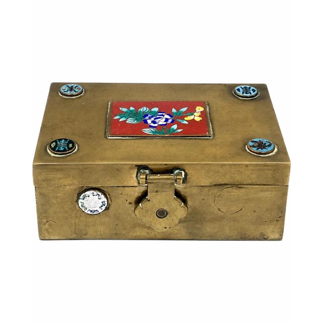 Vintage Chinese Brass Cloisonne Enamel Trinket Box Floral For Sale - Image 9 of 14
