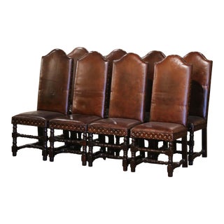 Early 20th Century French Baroque Carved Walnut Chairs With Leather, Set of 8 For Sale