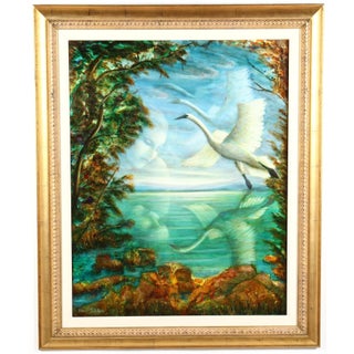 Rina Sutzkever, Large Russian Israeli Fantastic Realism Surrealist Oil Painting Girl with Swan For Sale