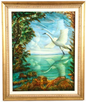 Rina Sutzkever, Large Russian Israeli Fantastic Realism Surrealist Oil Painting Girl with Swan