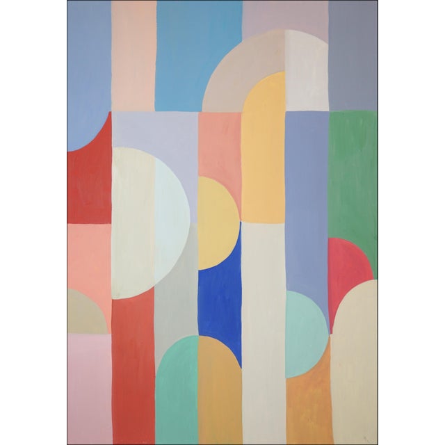 2020s 2026, Bauhaus Geometric Triptych Painting in Vivid Pastel Tones, Chromatic Deco Radiance, Acrylic Paint on Watercolor Paper For Sale - Image 5 of 11