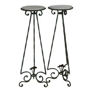 Antique Arts & Crafts Oscar Bach Style Wrought Iron & Marble Plant Stands C1920 For Sale