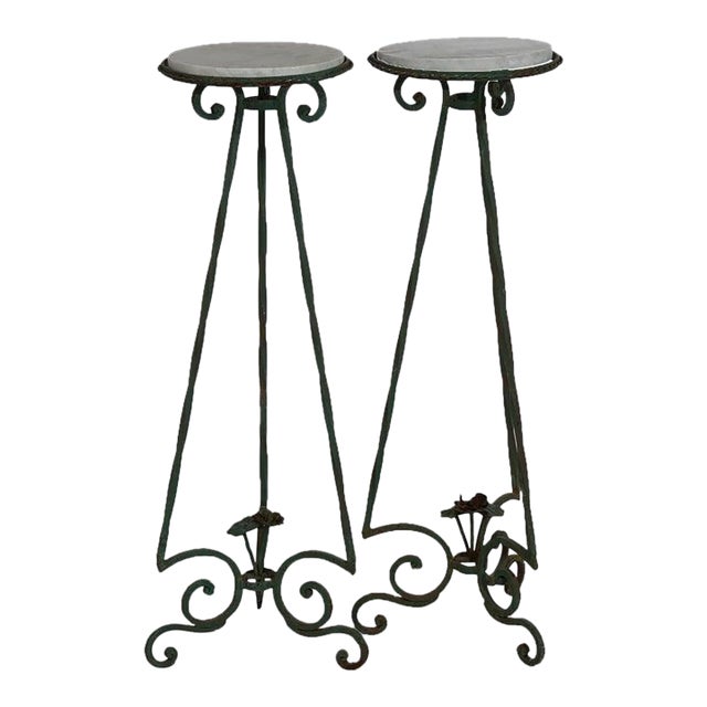 Antique Arts & Crafts Oscar Bach Style Wrought Iron & Marble Plant Stands C1920 For Sale
