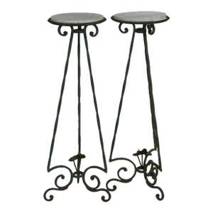 Antique Arts & Crafts Oscar Bach Style Wrought Iron & Marble Plant Stands C1920