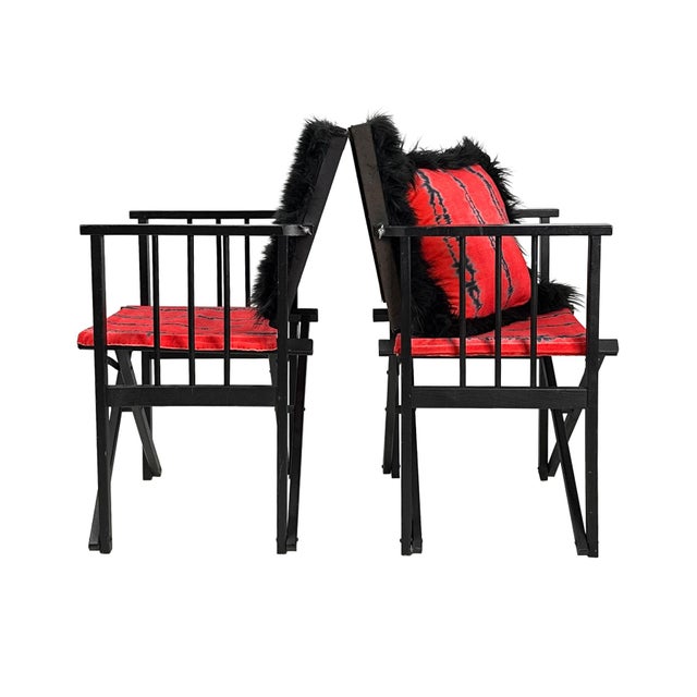1980s Vintage 1980s Pair of (2) Danish Folding Armchairs / Directors Chairs Set by Hyllinge Møbler - Red Flame Velvet & Black Faux Fur Upholstery For Sale - Image 5 of 18