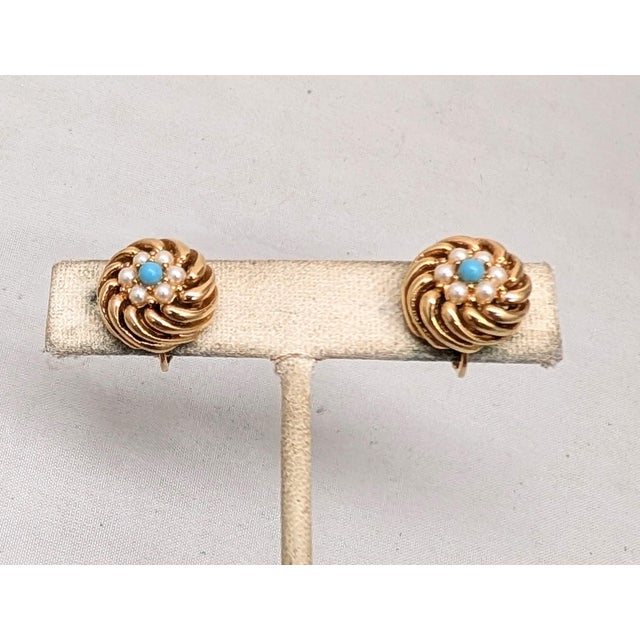 1960s Vintage 1960s Signed Boucher Round Goldtone Faux-Pearl & Turquoise Clip Earrings-2 Pieces For Sale - Image 5 of 8