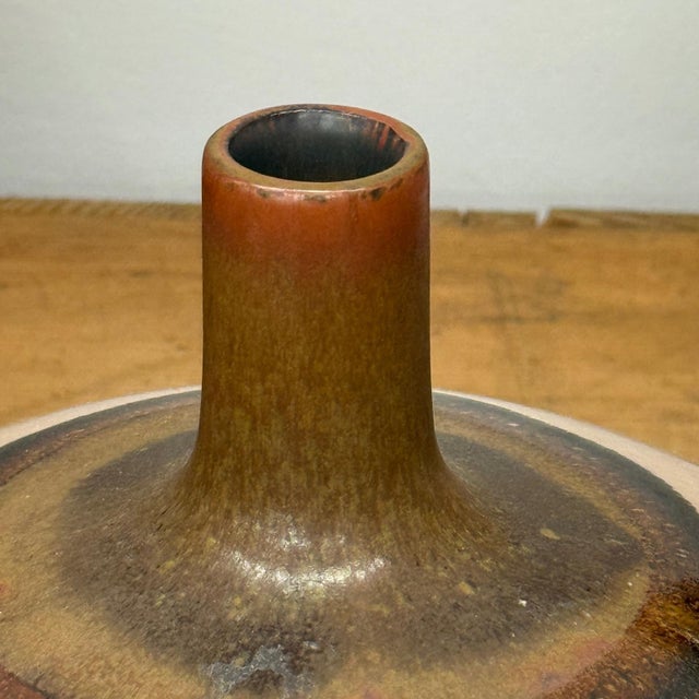 Ceramic Round Blush Ceramic Vase with Brown Neck and Crackle Glaze For Sale - Image 7 of 9