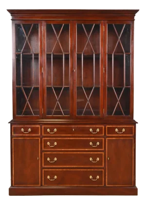 Kittinger Georgian Banded Mahogany Lighted Breakfront Bookcase Cabinet