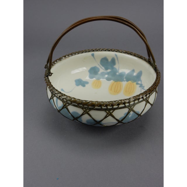 Antique Japanese Awaji Pottery Bowl Basket Woven Silver Bronze Overlay