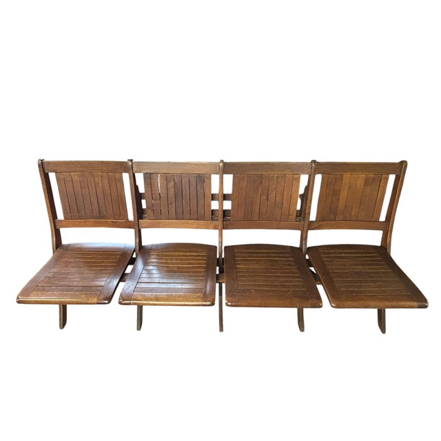Vintage Four-Seat Folding Slatted Wood Bench, Theater, Waiting Room & Industrial Style Seating For Sale In Greensboro - Image 6 of 10
