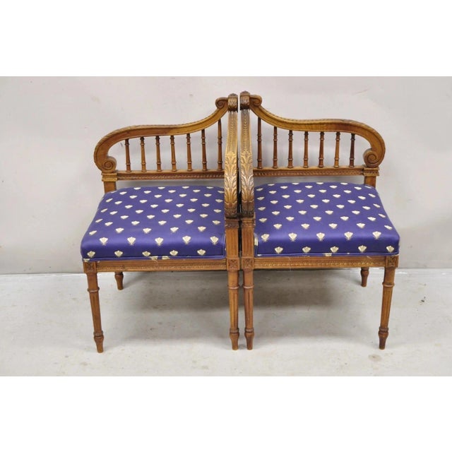 Antique French Louis XVI Style Carved Walnut Lyre Harp Corner Lounge Chair Pair For Sale - Image 12 of 12