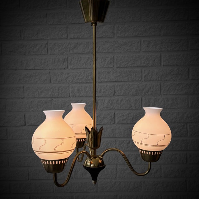 Vintage Scandinavian Chandelier in Brass and Glass, 1940s For Sale - Image 4 of 11