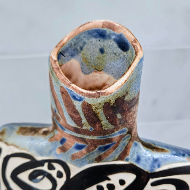 Alfajar Ceramica Spanish Hand Painted Modernist Face Sgraffito Stoneware Vase For Sale - Image 11 of 14