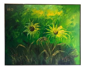 Mid 20th Century "Sunflowers" Abstract Botanical Painting by Lee Reynolds, Framed