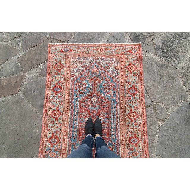 1930s Vintage Medallion Floral Rug Brick Red Blue Hand Knotted Wool Pile Rug - 4’ X 6’6” For Sale - Image 4 of 10
