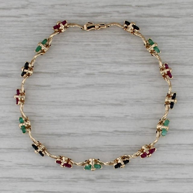 4.84ctw Ruby Sapphire Emerald Flower Tennis Bracelet 14k Yellow Gold 7" For Sale In Greensboro - Image 6 of 8