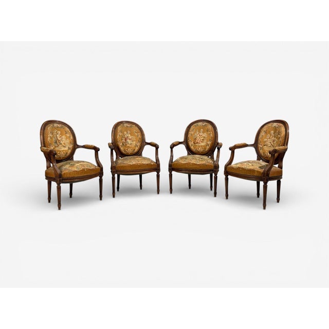 1940s Louis XVI Style, Four Armchairs, Tapestry, Walnut, France, 20th C. For Sale - Image 5 of 14