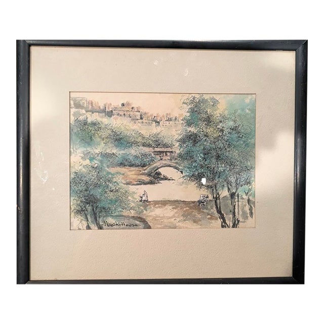 Mid 20th Century Hiroshi Honda Ink and Watercolor Landscape, Signed, Framed For Sale