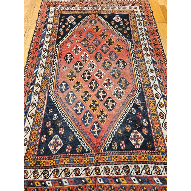 Persian Vintage Persian Qashqai Tribal Area Rug, Hand-Knotted Wool, Geometric Pattern, 5x7, Rust & Navy For Sale - Image 3 of 16