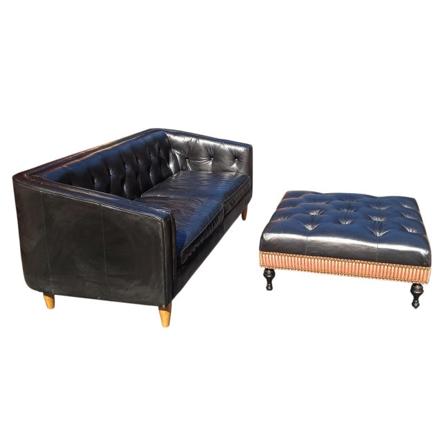 Experience the Classic Heritage &Contemporary Clean Lines With the Monrowe Leather Loveseat With a Custom Ottoman For Sale - Image 9 of 11