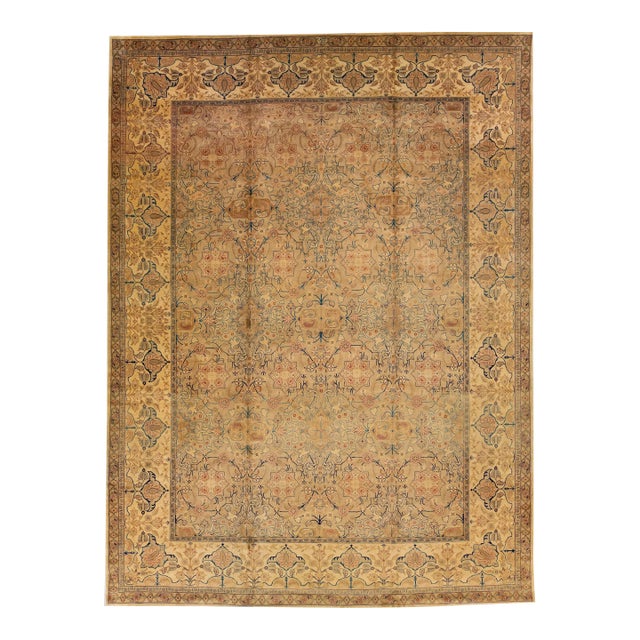 1900s Antique Tabriz Tan Handmade Rosette Designed Oversize Persian Wool Rug For Sale