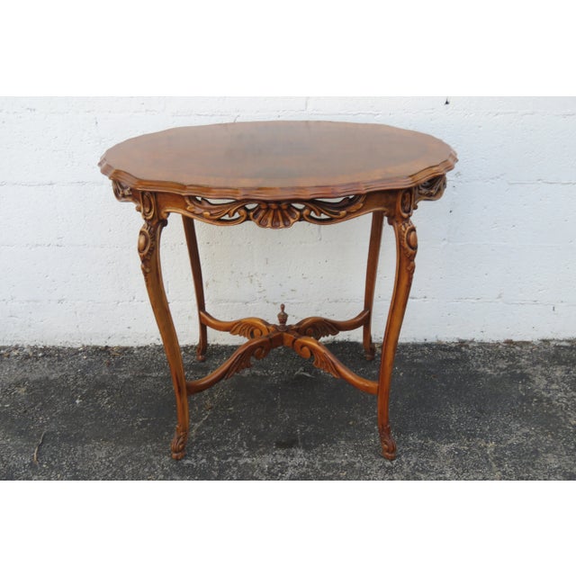 French Early 1900s Hand Carved Walnut Inlay Side End Center Table For Sale - Image 12 of 13