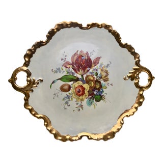 Vintage Gold Trimmed Floral Handled Serving Platter For Sale