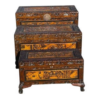 Vintage Chinese Camphor Wood Hand Crafted Nesting Chests Tables- Set of 3 For Sale
